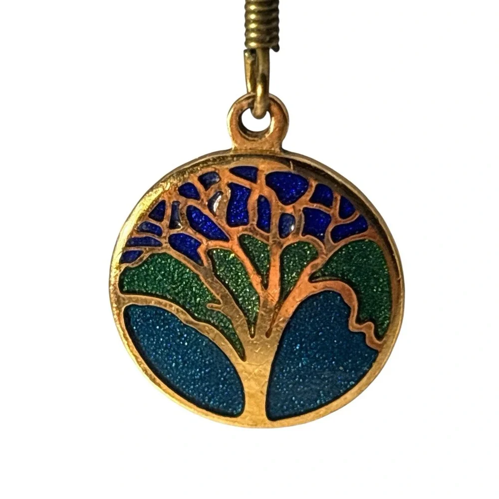 Vintage Cloisonne Enamel Gold Tone Tree of Life Pierced Dangle Earrings‎